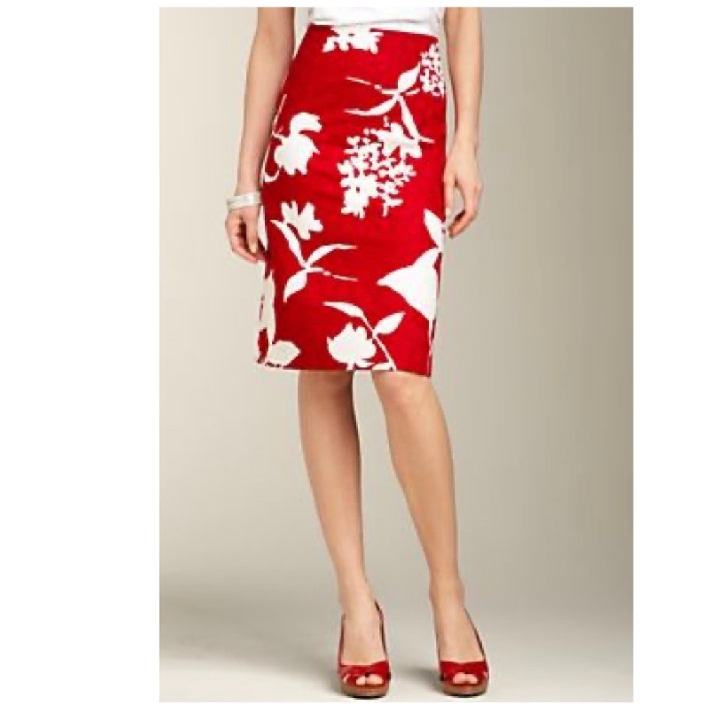 Talbots Red Jacquard Floral Pencil Skirt